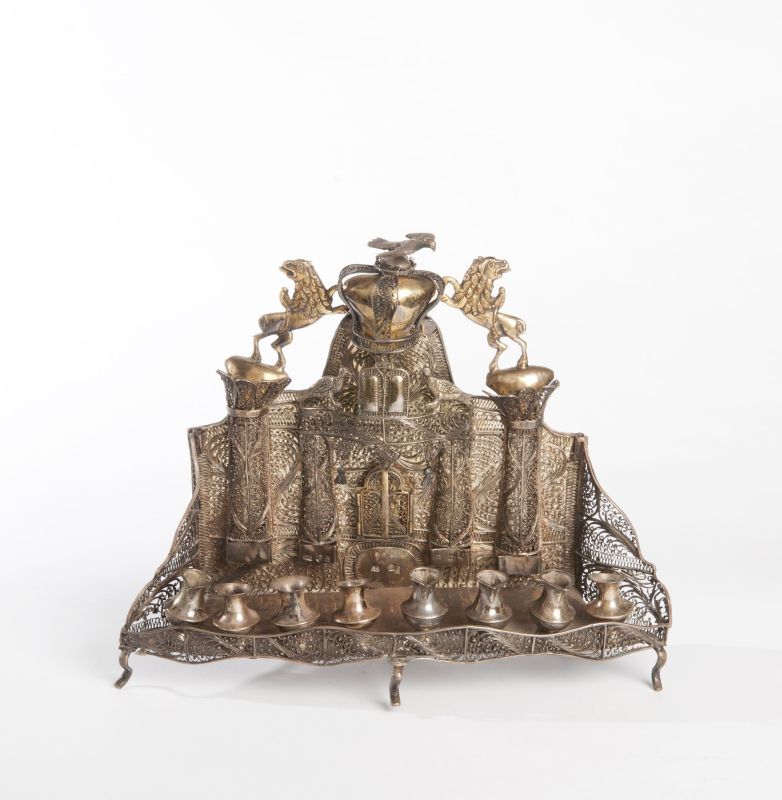 Ba’al Shem Tov Hanukkah lamp with back plate modeled after elaborate Torah ark