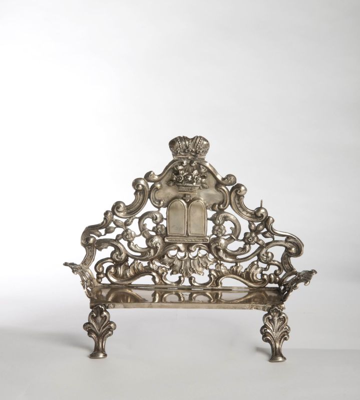 Hanukkah lamp with Tablets of the Law surmounted by flower basket