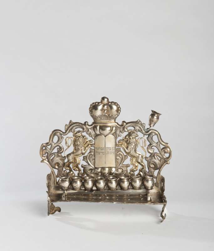 Hanukkah lamp with Tablets of the Law inscribed with the names of a couple
