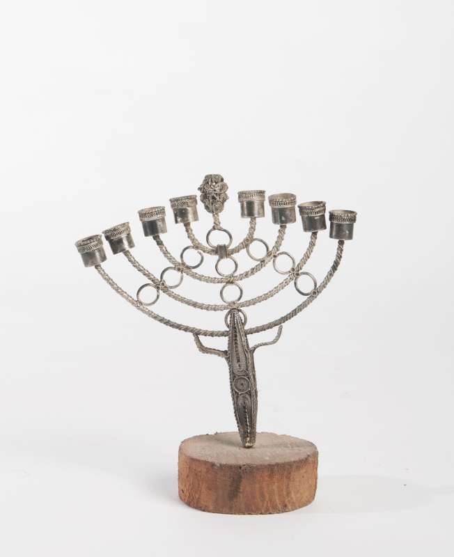 Miniature standing filigree Hanukkah lamp