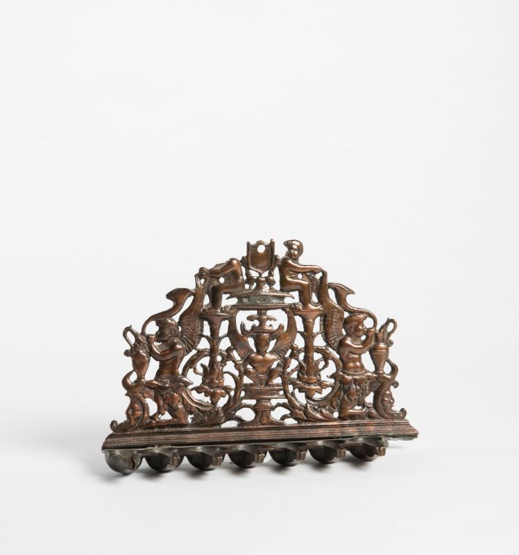 Hanukkah lamp with elaborate Renaissance-style motifs