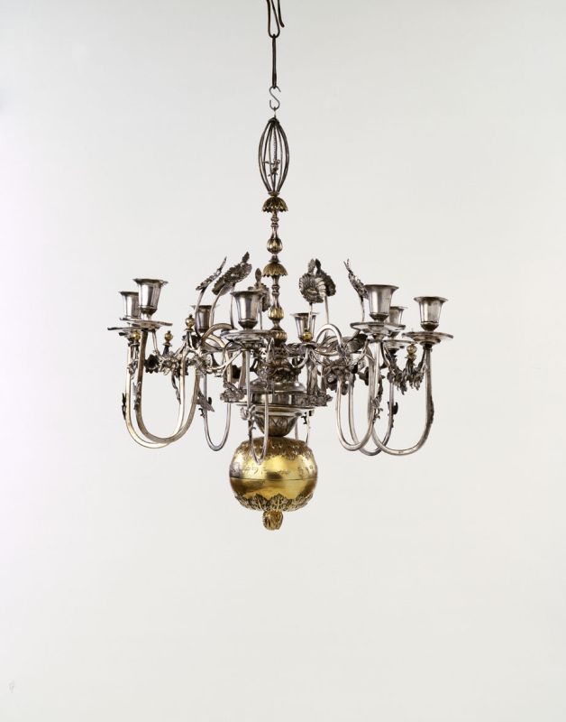 Chandelier-shaped Hanukkah lamp surmounted by a birdcage