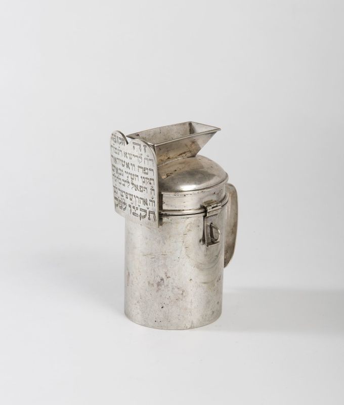 Burial Society charity box with dedicatory inscription on plaque shaped like Tablets of the Law