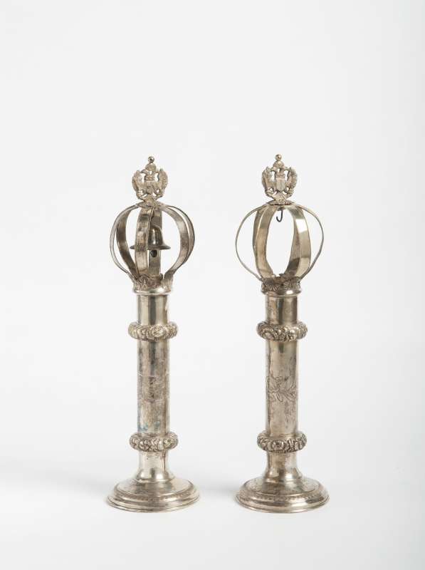 Torah finials with dedicatory inscription, decorated with the emblem of the Austrian Empire