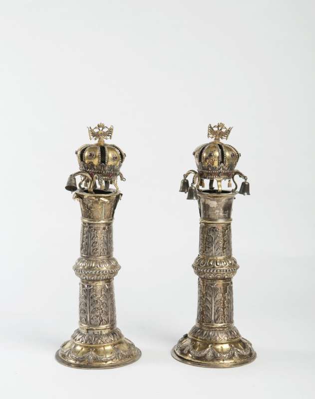 Burial Society Torah finials decorated with the emblems of the Austro-Hungarian Empire and with inscription