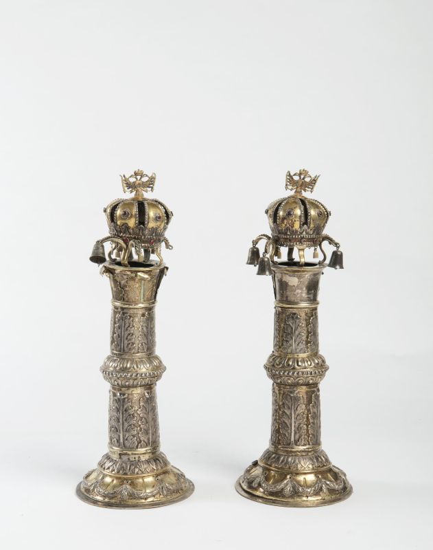 Burial Society Torah finials decorated with the emblems of the Austro-Hungarian Empire and with inscription