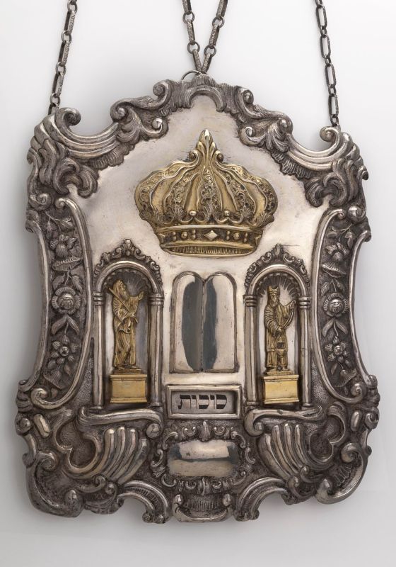 Torah shield with depictions of Moses and Aaron