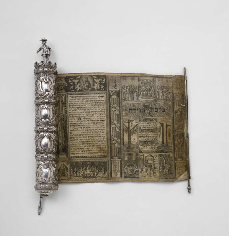 Illustrated Esther scroll with a silver case surmounted by a standing figure