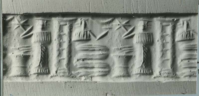 Cylinder seal depicting a snake god worshiped in a temple