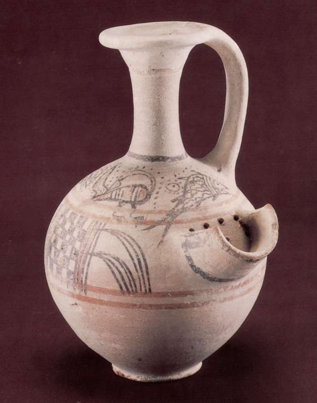 Beer jug decorated with birds, fish, and floral and geometric motifs