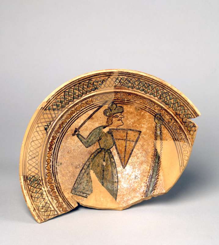 Bowl from southern Italy depicting a knight holding a shield and sword