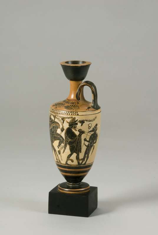 Attic black-figure <i>lekythos</i> (oil jar, sometimes used as a grave offering) depicting Dionysos in his chariot, accompanied by two Sileni, a Maenad, and Hermes