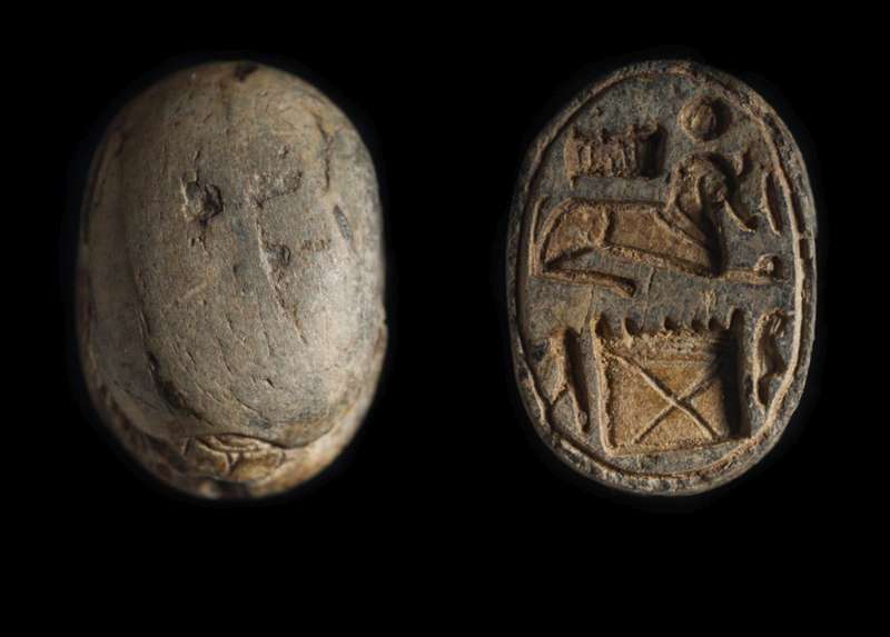 Scarab depicting a reclining sphinx above a shrine
