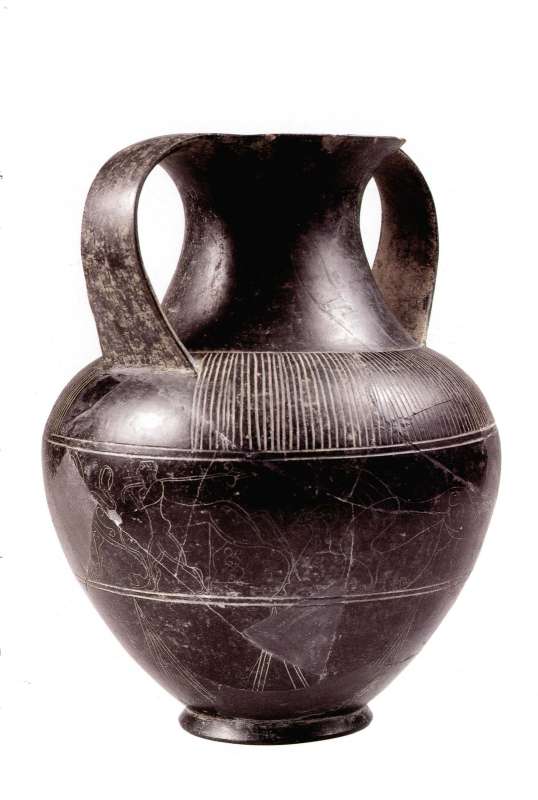 Bucchero ribbon-handle amphora with votive inscription