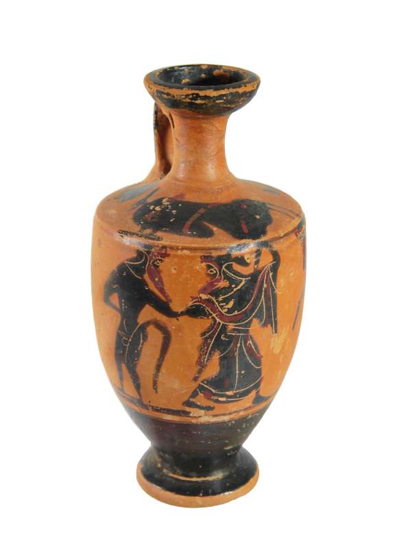 Attic black-figure <i>lekythos</i> (oil jar), depicting Dionysos and Sileni
