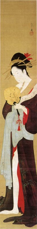 A courtesan standing with her robes in disarray, holding a fan in her hand