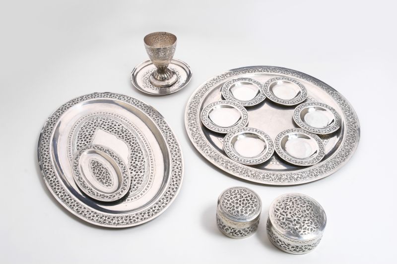 Passover silver table set:Seder plate, Elijah cup, and tableware