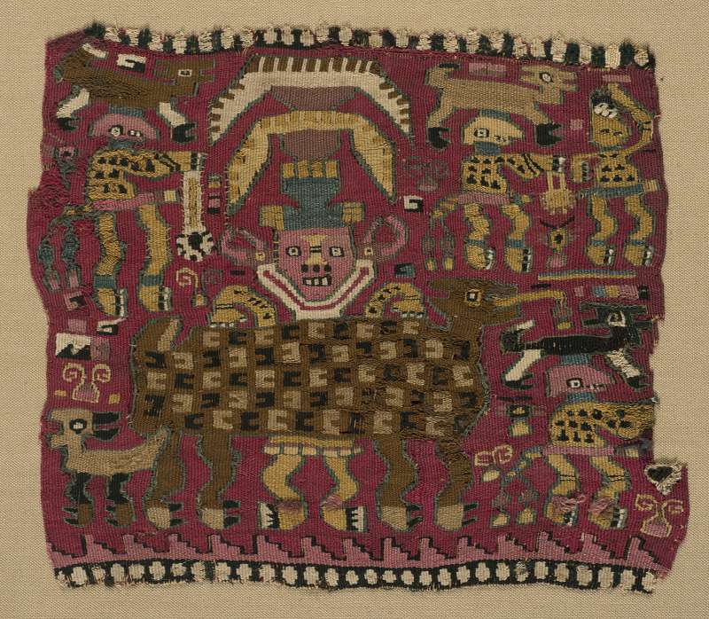 Textile panel with depiction of a deity assisting a llama giving birth
