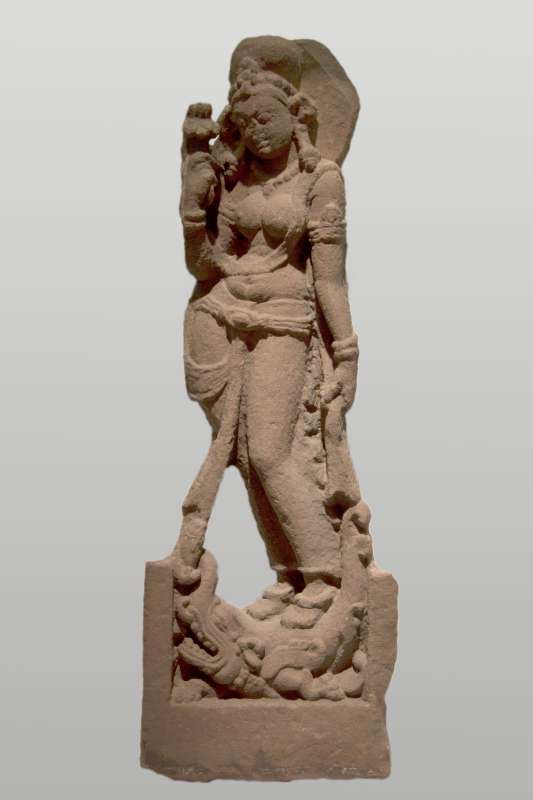 Ganga Devi, goddess of the river Ganges, standing on an aquatic creature (<i>makara</i>)