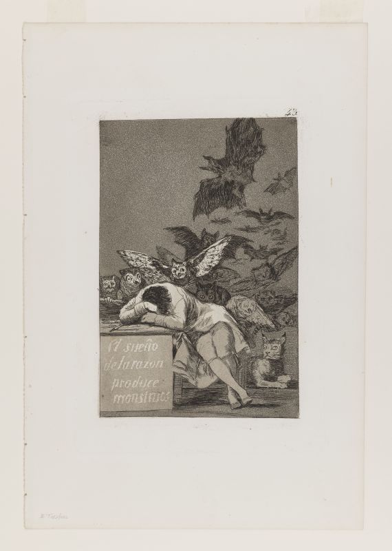 The Sleep of Reason Produces Monsters (El sueño de la razón produce monstruos), from the series 'Los Caprichos,' pl. 43, second edition (?), ca. 1855