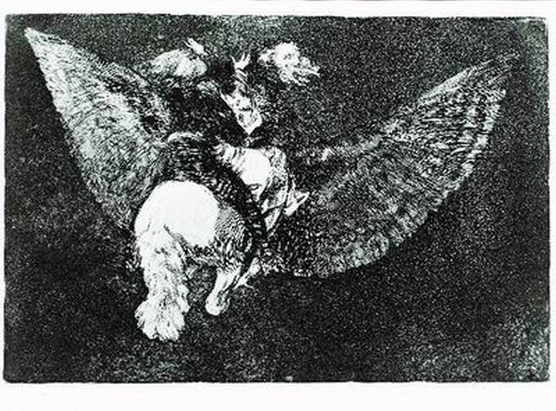 Flying Folly - Renounce the Friend Who Covers You With His Wings and Bites You with His Beak (Disparate volante - Reniego al amigo que cubre con las alas y muerde con el pico), from the series 'Los Proverbios,' pl. 5, first edition, 1864